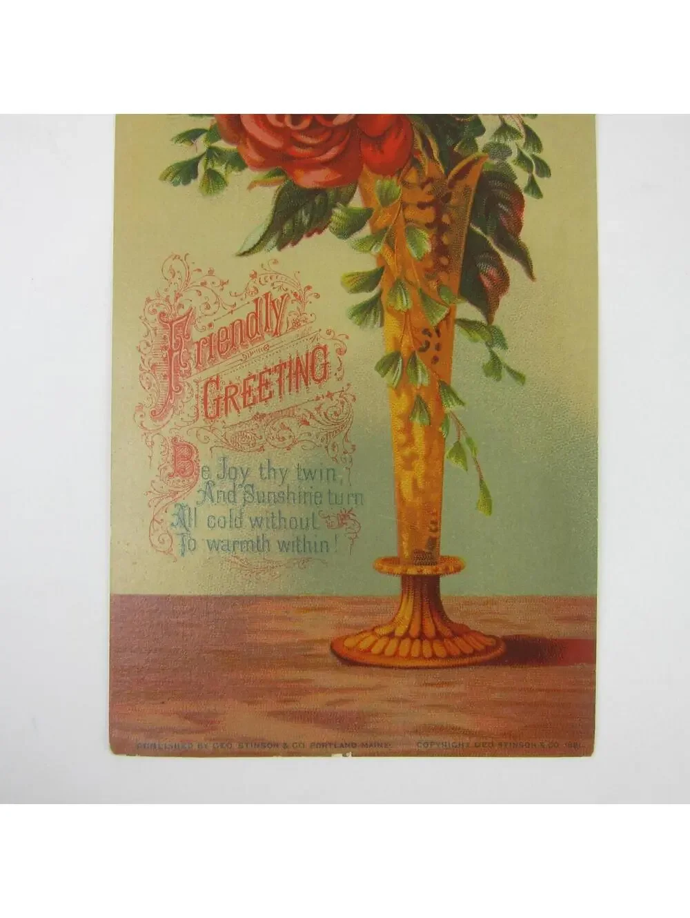 Victorian Greeting Card LARGE Red Flowers Pink Rose in Gold Vase Antique 1881